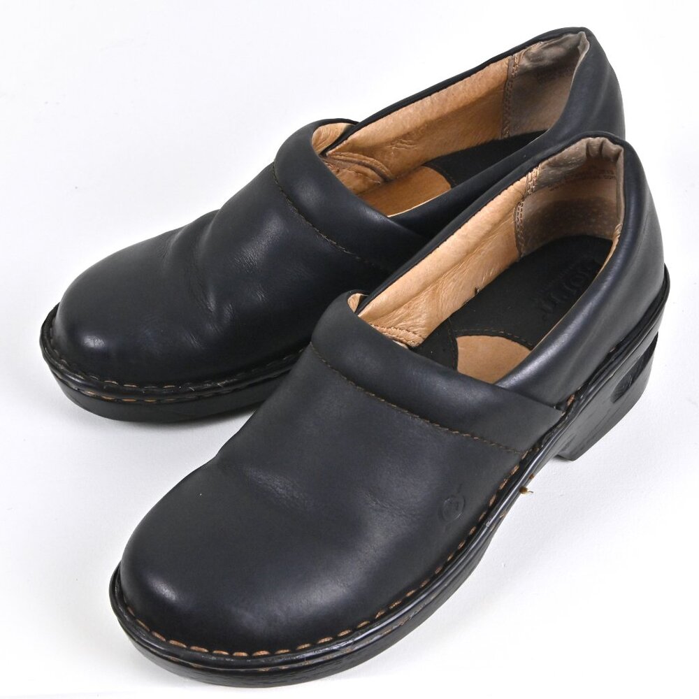 Born BOC Peggy Handmade Retro Comfort Leather Black Slip On Wedge Heel Clogs US8